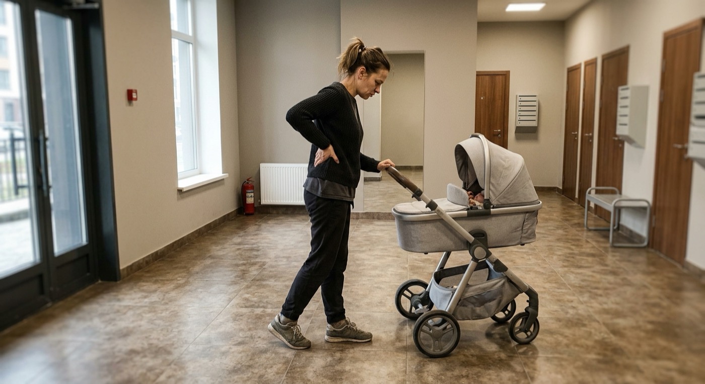 Женщина разгибается у коляски в подъезде, рука на пояснице