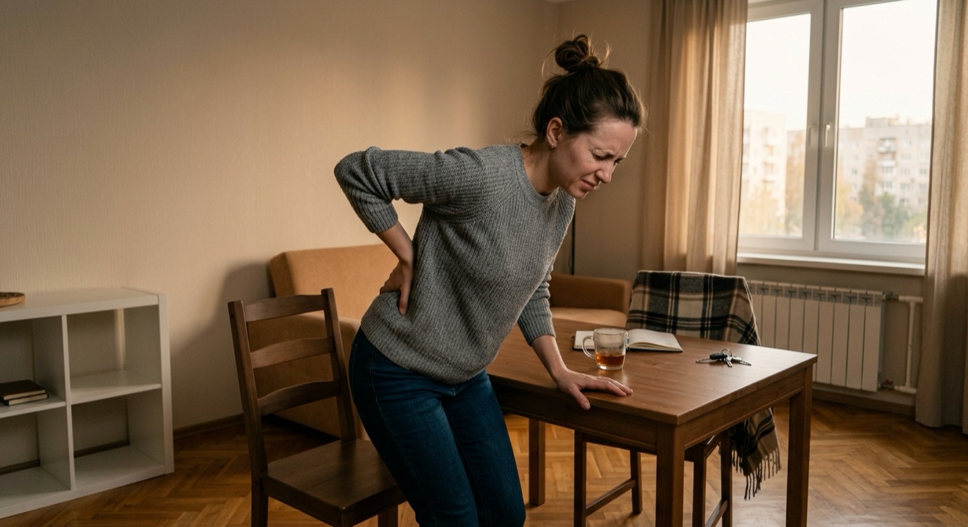Женщина встаёт со стула и держится за поясницу после долгого сидения